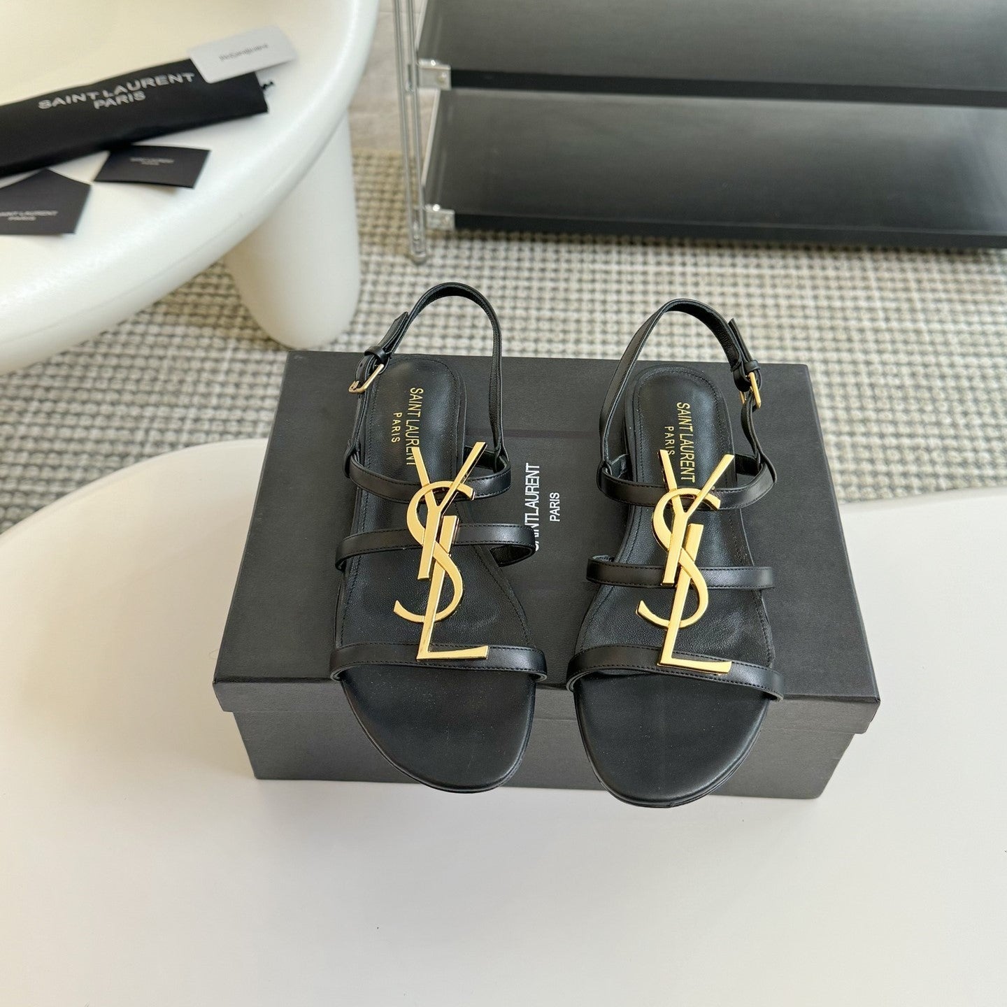 Luxury Saint Laurent Yves SL Buckle Women Sandals Black Leather