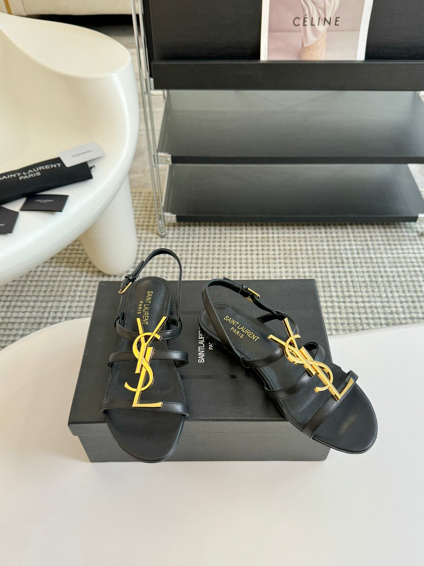 Luxury Saint Laurent Yves SL Buckle Women Sandals Black Leather