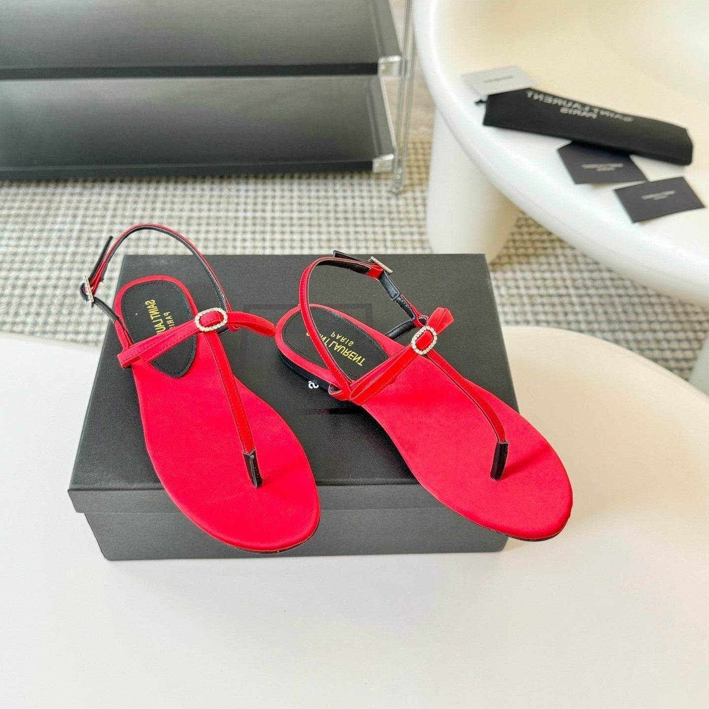 Luxury Saint Laurent SL CRYSTAL T-STRAP FLAT SANDAL RED SATIN