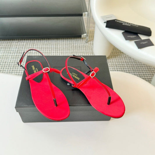 Luxury Saint Laurent SL CRYSTAL T-STRAP FLAT SANDAL RED SATIN