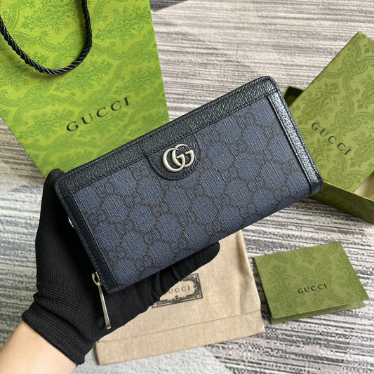Luxury Gucci OPHIDIA GG 19 ZIP AROUND WALLET DARK BLUE CANVAS AND BLACK CALFSKIN