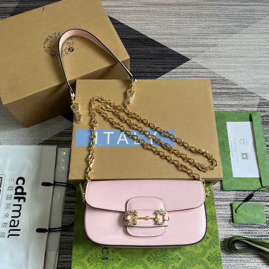 Luxury Gucci DIAMOND HORSEBIT SHOULDER BAG 24 IN LIGHT PINK CALFSKIN GOLD HARDWARE
