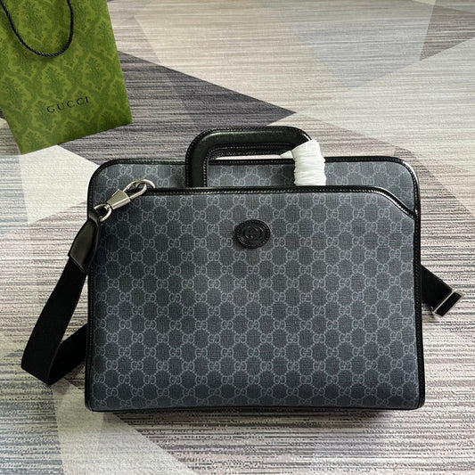 Luxury Gucci BRIEFCASE 40 WITH INTERLOCKING G BLACK CANVAS