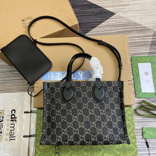 Luxury Gucci OPHIDIA GG 27 MEDIUM TOTE BAG BLACK DENIM
