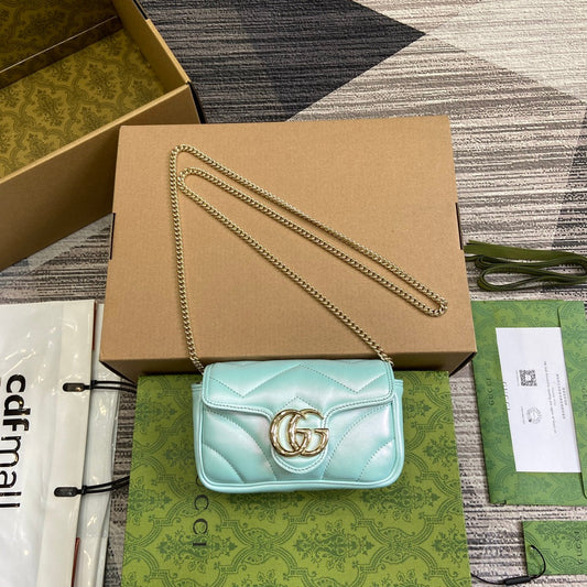 Luxury Gucci GG MARMONT 16 MINI SHOULDER BAG BLUE IRIDESCENT CALFSKIN