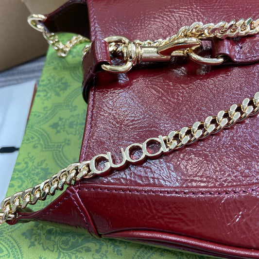 Luxury Gucci JACKIE NOTTE MINI BAG 19 IN RED WINE CRACKED LACQUER CALFSKIN GOLD HARDWARE