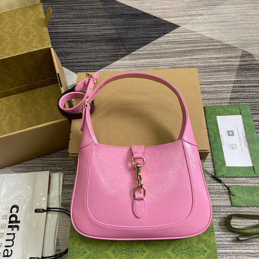 Luxury Gucci JACKIE SMALL SHOULDER BAG 27 IN PINK CRACKED LACQUER CALFSKIN GOLD HARDWARE