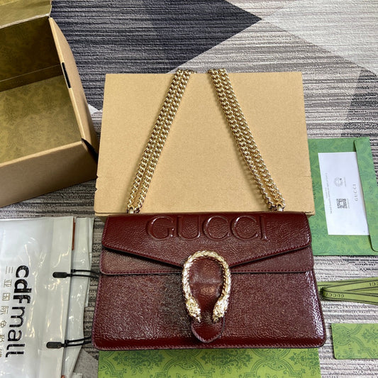 Luxury Gucci DYONYSUS SMALL SHOULDER BAG 28 IN WINE RED LACQUER EMBOSSED CALFSKIN SILVER HARDWARE
