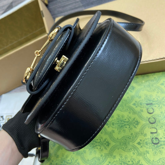 Luxury Gucci HORSEBIT 1955 MINI TOP HANDLE BAG 18 IN BLACK CALFSKIN GOLD HARDWARE