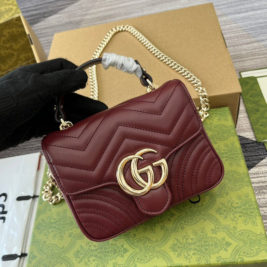 Luxury Gucci GG MARMONT 13 MINI TOP HANDLE BAG ROSSO ANCORA RED CALFSKIN