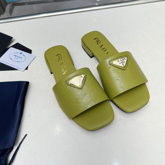 Luxury PradaSAFFIANO PATENT SLIDES OSTRICH MOTIF PEAR CALFSKIN