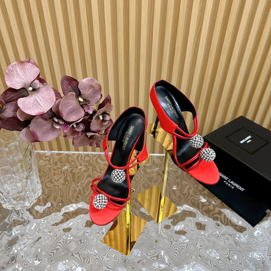 Luxury Saint Laurent SL POM CIRCLE CRYSTAL HEELED SANDALS RED SATIN