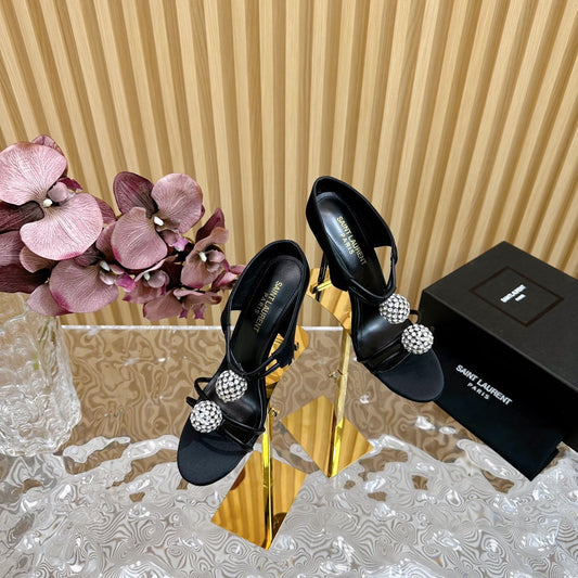 Luxury Saint Laurent SL POM CIRCLE CRYSTAL HEELED SANDALS BLACK SATIN