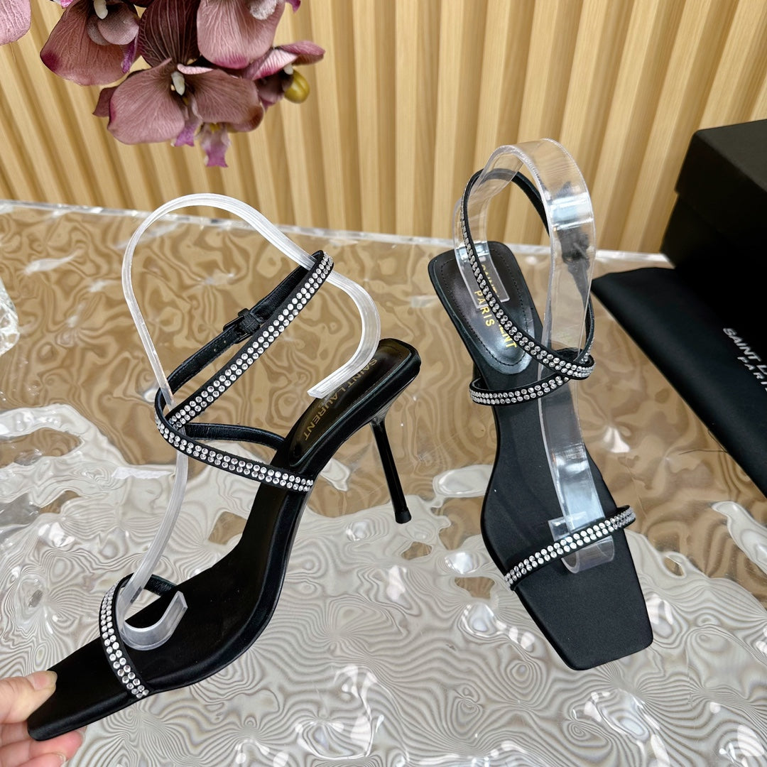 Luxury Saint Laurent NUIT SANDALS 85 IN BLACK CREPE SATIN AND WHITE RHINESTONES