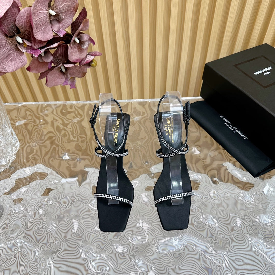 Luxury Saint Laurent NUIT SANDALS 85 IN BLACK CREPE SATIN AND WHITE RHINESTONES