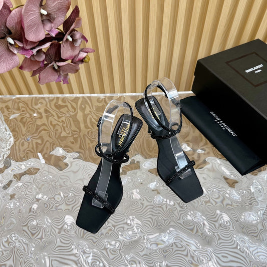 Luxury Saint Laurent NUIT SANDALS 85 IN BLACK CREPE SATIN AND BLACK RHINESTONES