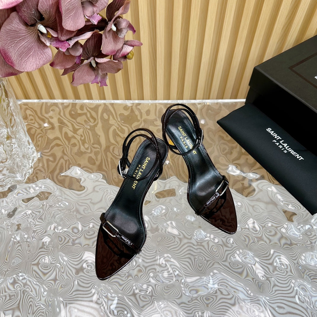 Luxury Saint Laurent KITTY SANDALS 70 IN BLACK MAROON SHINY LEATHER