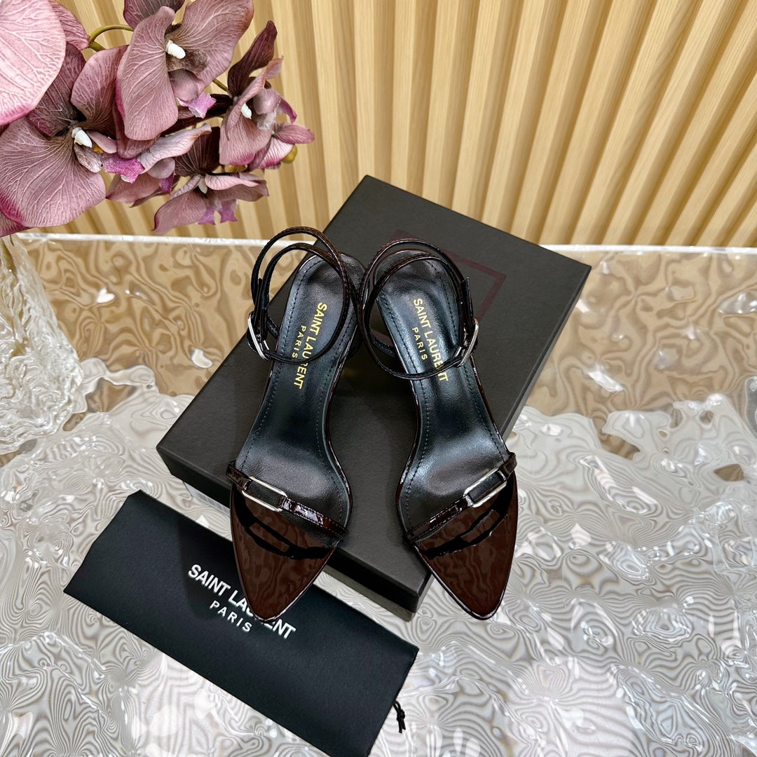 Luxury Saint Laurent KITTY SANDALS 70 IN BLACK MAROON SHINY LEATHER