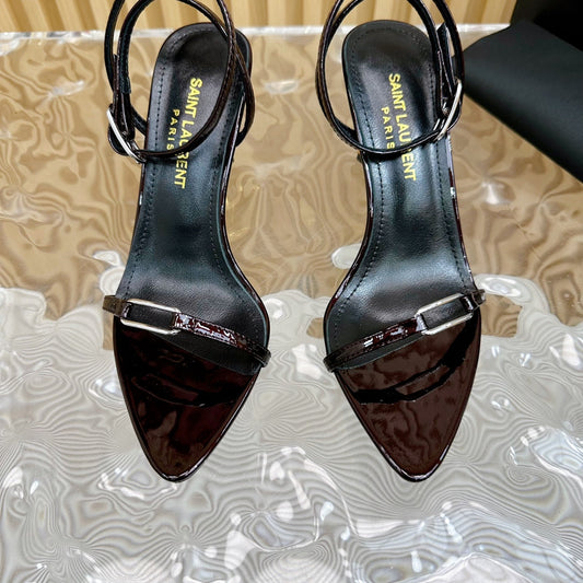 Luxury Saint Laurent KITTY SANDALS 70 IN BLACK MAROON SHINY LEATHER