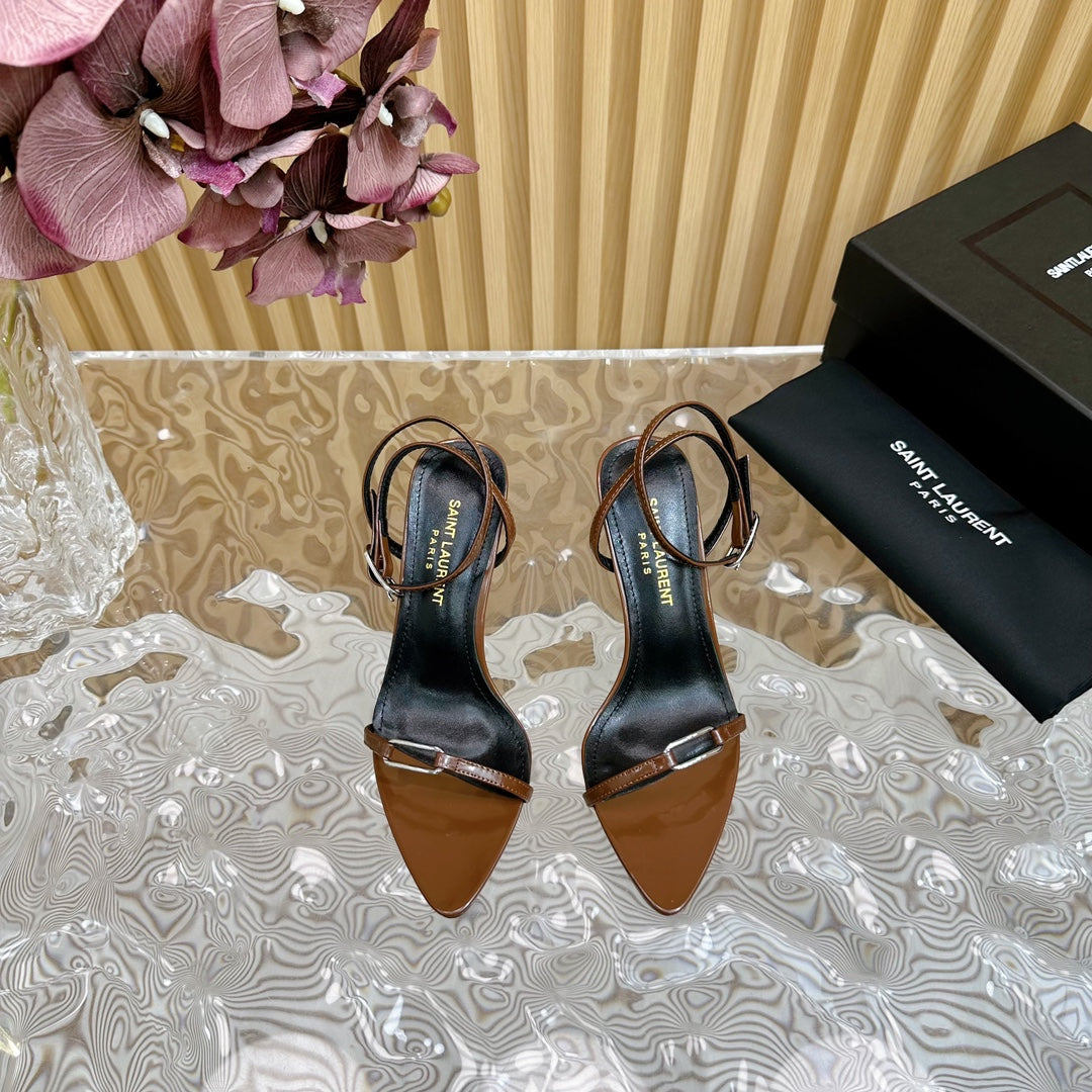 Luxury Saint Laurent KITTY SANDALS 70 IN BROWN SHINY LEATHER
