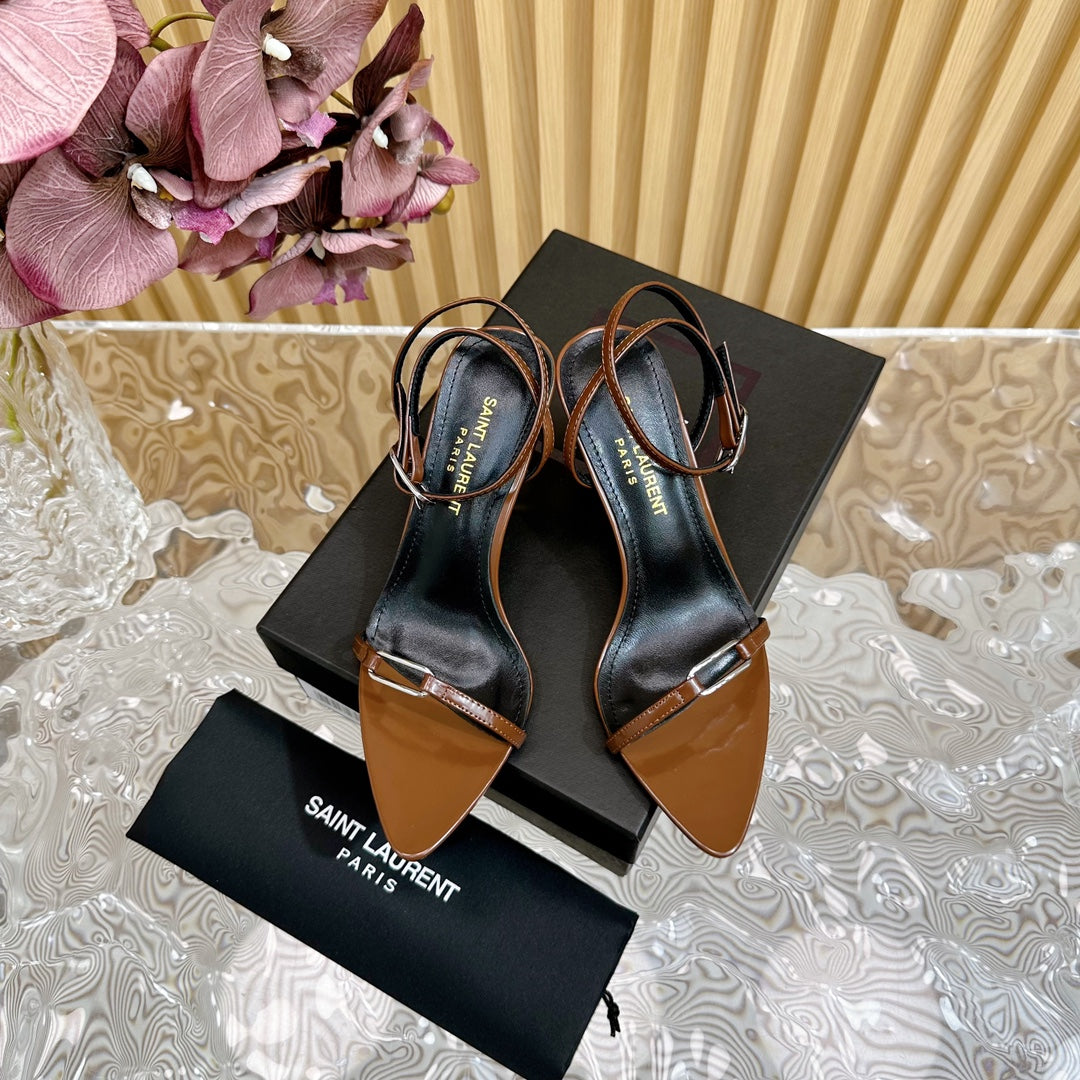 Luxury Saint Laurent KITTY SANDALS 70 IN BROWN SHINY LEATHER