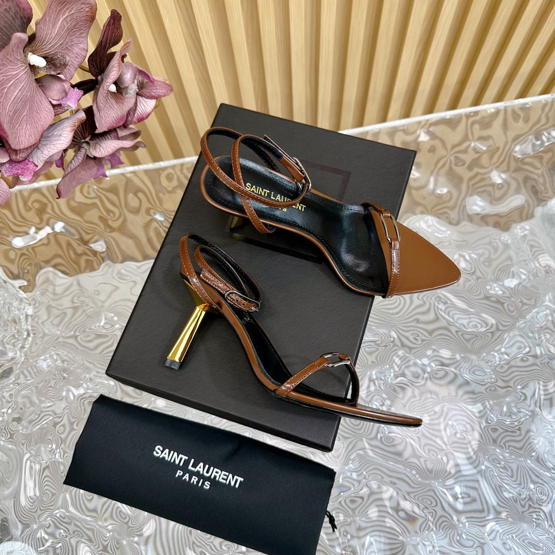 Luxury Saint Laurent KITTY SANDALS 70 IN BROWN SHINY LEATHER