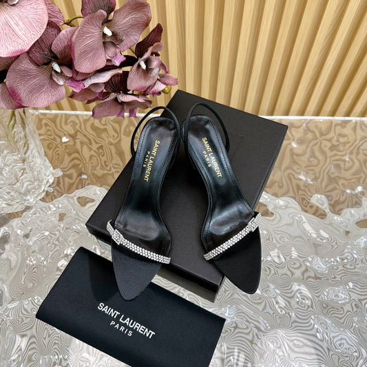 Luxury Saint Laurent RENDEZ-VOUS SANDALS 70 IN SATIN CREPE BLACK LEATHER