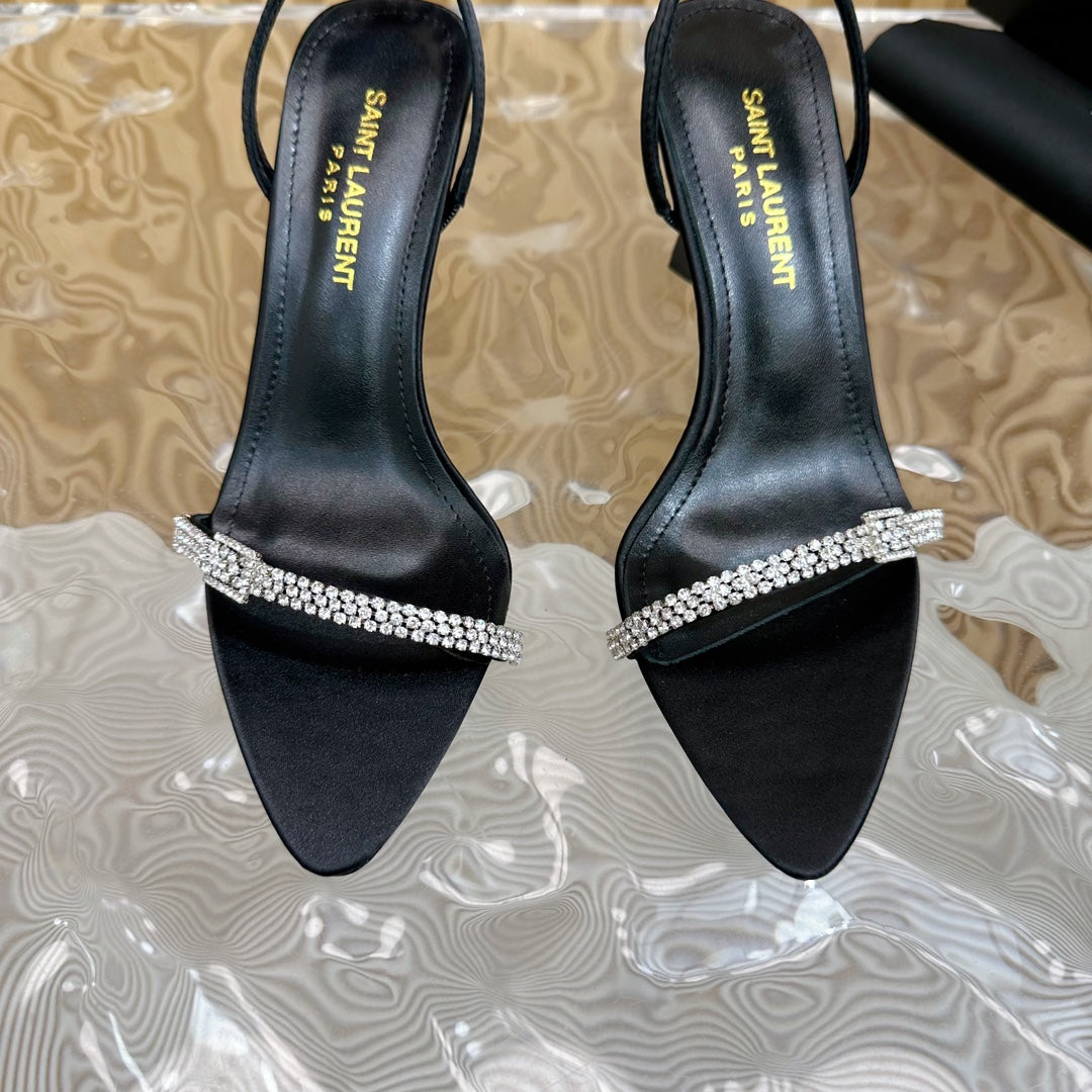 Luxury Saint Laurent RENDEZ-VOUS SANDALS 70 IN SATIN CREPE BLACK LEATHER