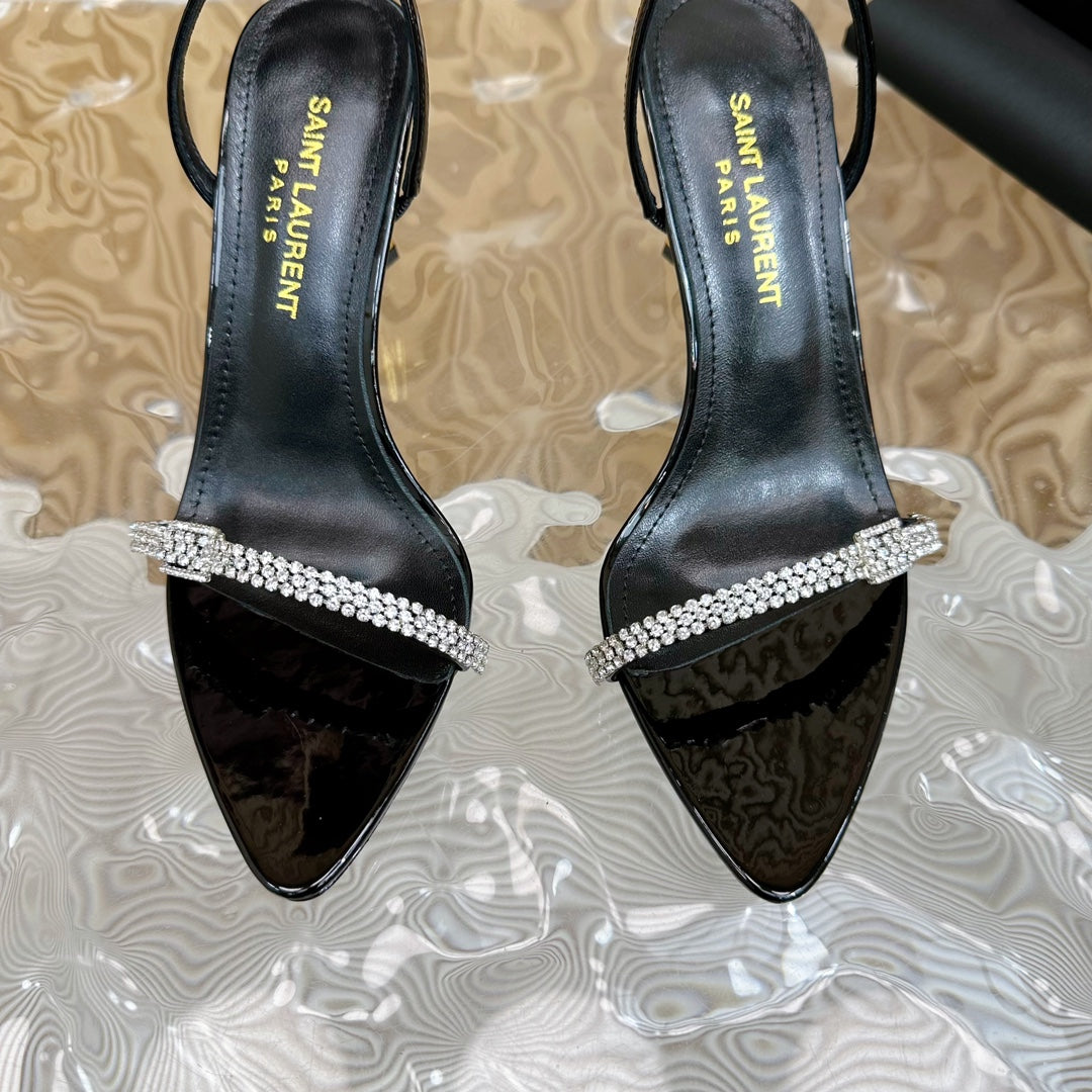 Luxury Saint Laurent RENDEZ-VOUS SANDALS 70 IN SATIN CREPE PATENT BLACK LEATHER