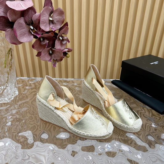 Luxury Saint Laurent SL WEDGE SANDALS METALLIC GOLD CALFSKIN AND STRAW