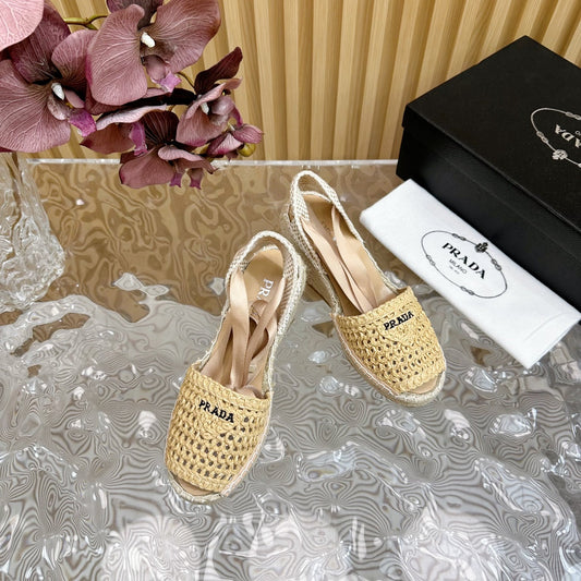 Luxury PradaESPADRILLE WEDGE SANDALS BEIGE RAFFIA