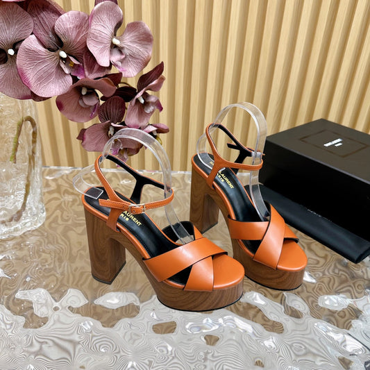 Luxury Saint Laurent SL BIANCA PLATFORM SANDAL BURNT ORANGE CALFSKIN