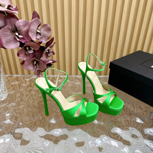 Luxury Saint Laurent DEBBIE PLATFORM SANDALS IN GREEN SILK
