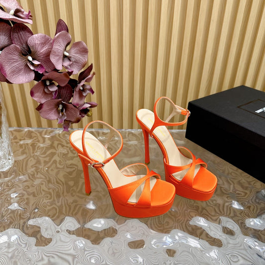 Luxury Saint Laurent DEBBIE PLATFORM SANDALS IN ORANGE SILK