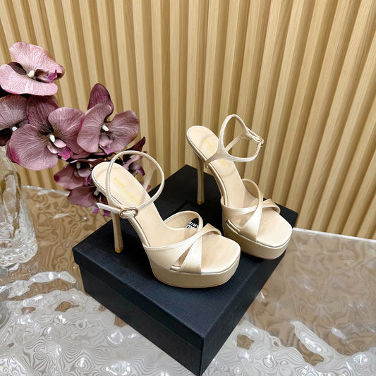 Luxury Saint Laurent DEBBIE PLATFORM SANDALS IN IVORY BEIGE SILK