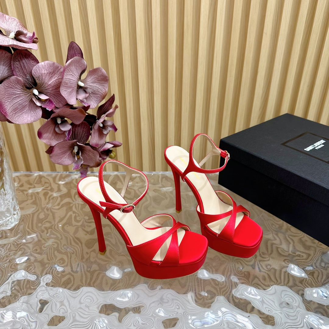 Luxury Saint Laurent DEBBIE PLATFORM SANDALS IN RED SILK