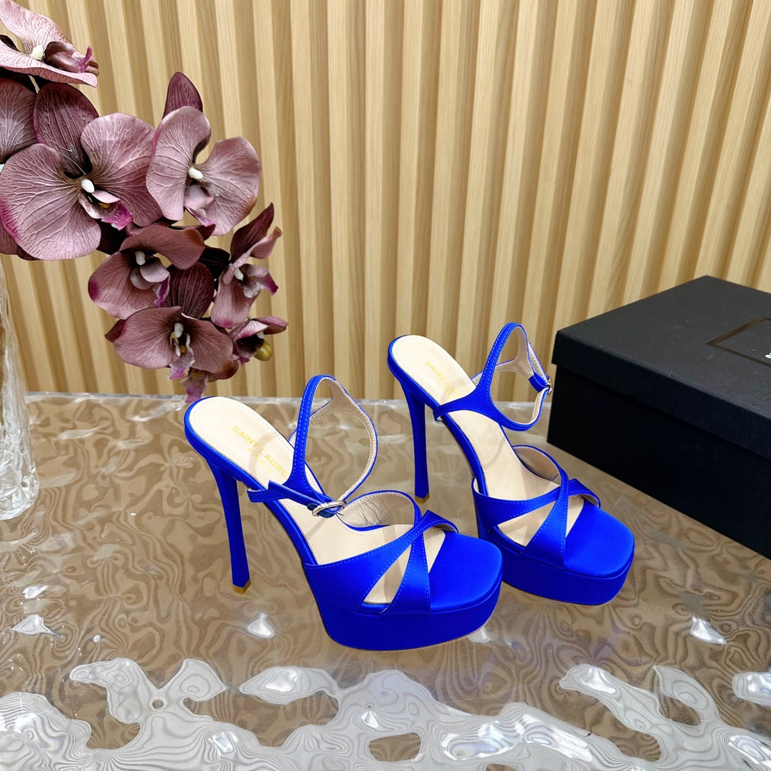 Luxury Saint Laurent DEBBIE PLATFORM SANDALS IN ADMIRAL BLUE SILK