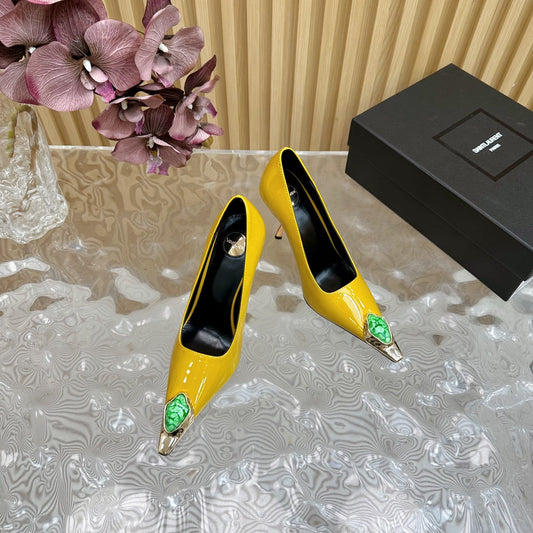 Luxury Saint Laurent GREEN GEM-STUDDED HIGH PUMPS IN YELLOW PATENT CALFSKIN