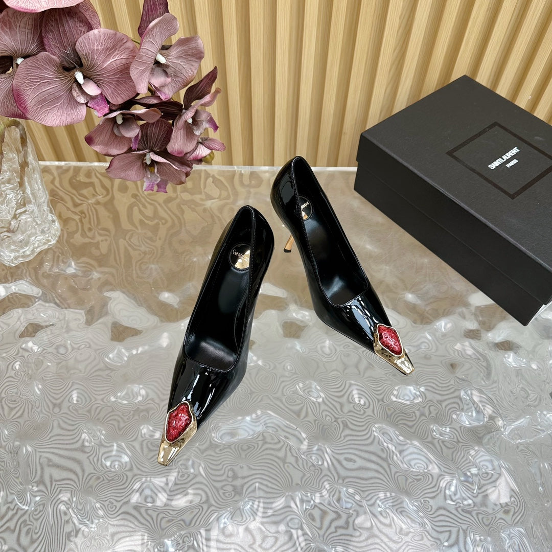 Luxury Saint Laurent RED GEM-STUDDED HIGH PUMPS IN BLACK PATENT CALFSKIN