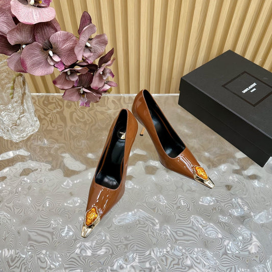 Luxury Saint Laurent ORANGE GEM-STUDDED HIGH PUMPS IN BRONZE BROWN PATENT CALFSKIN