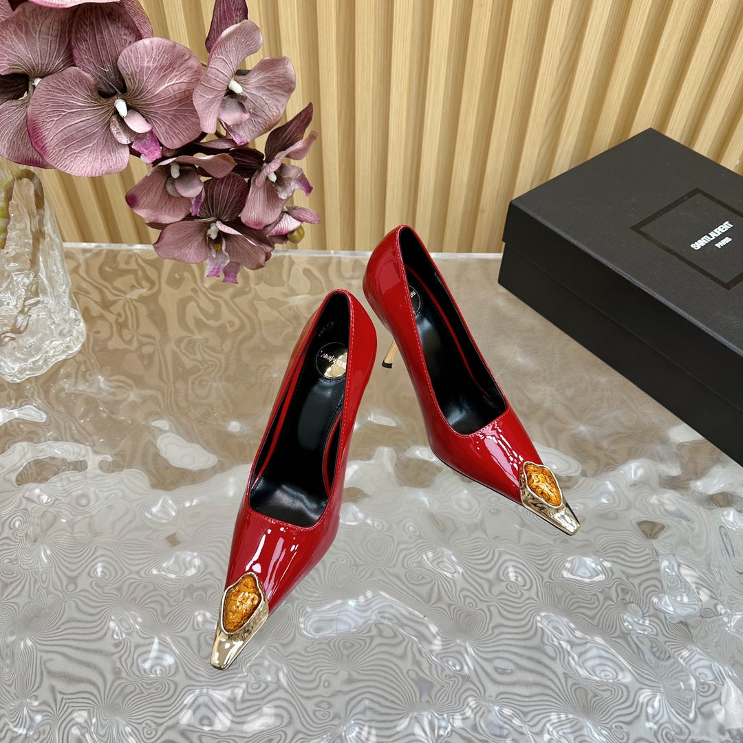 Luxury Saint Laurent ORANGE GEM-STUDDED HIGH PUMPS IN RED PATENT CALFSKIN