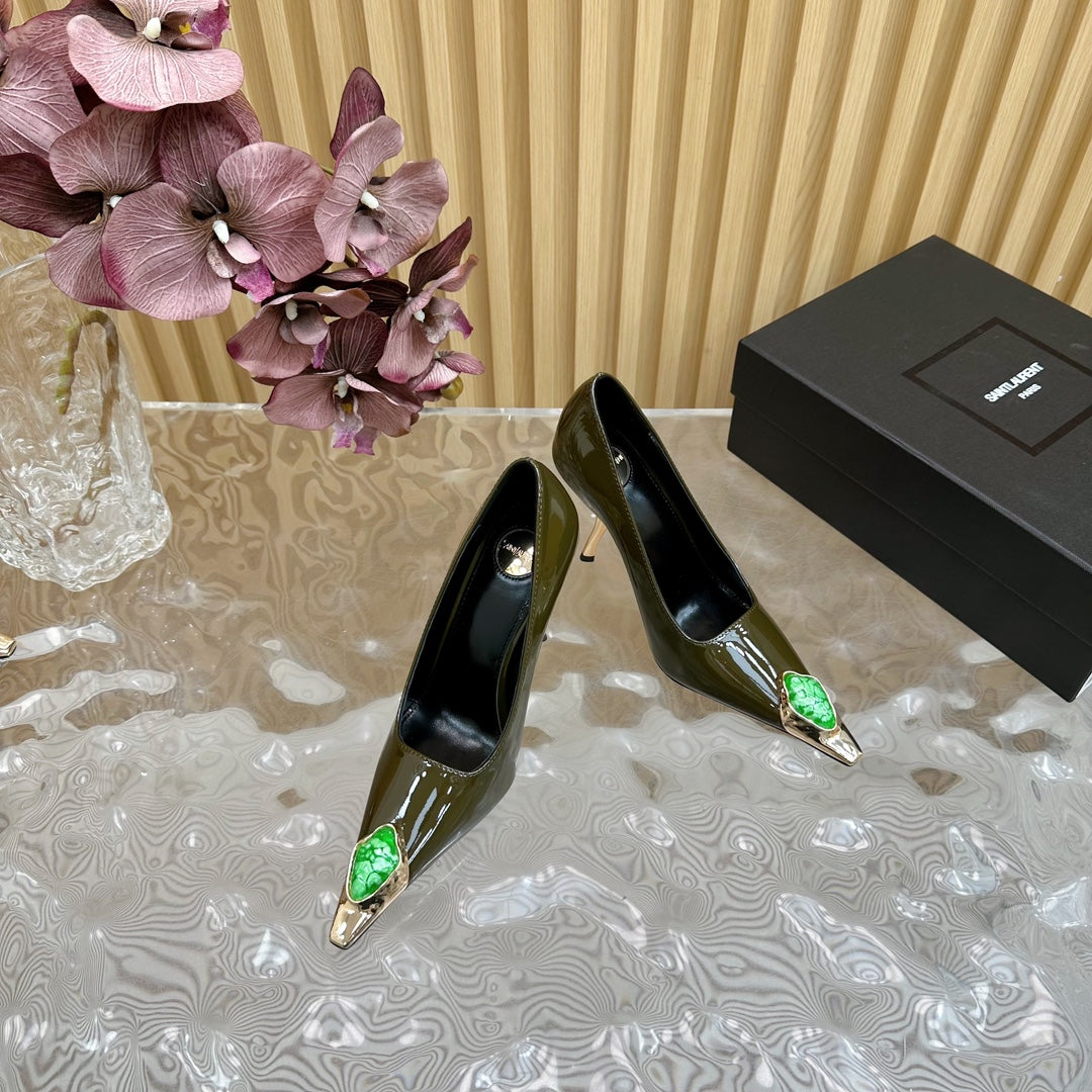 Luxury Saint Laurent GREEN GEM-STUDDED HIGH PUMPS IN ARMY GREEN PATENT CALFSKIN