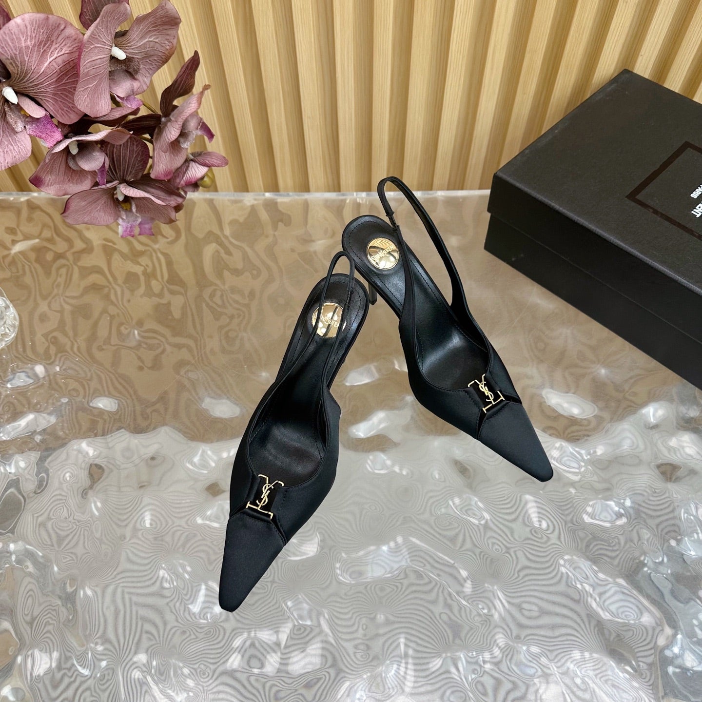 Luxury Saint Laurent BABYLONE SLINGBACK PUMPS IN BLACK SILK
