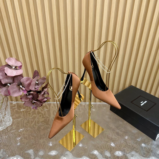 Luxury Saint Laurent RÉGINE PUMPS IN RUSTIC ORANGE SATIN GOLD CHAIN