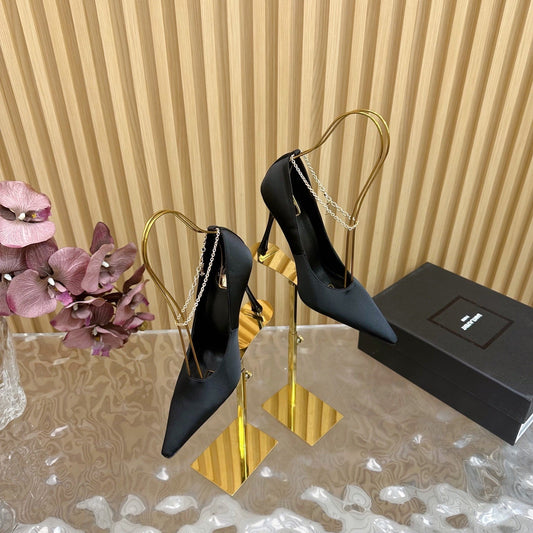 Luxury Saint Laurent RÉGINE PUMPS IN BLACK SATIN GOLD CHAIN
