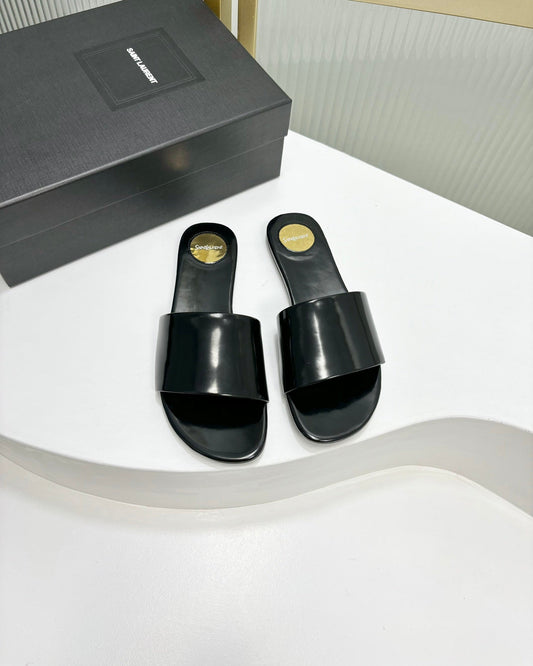 Luxury Saint Laurent CARLYLE SLIDES IN BLACK GLAZED LEATHER