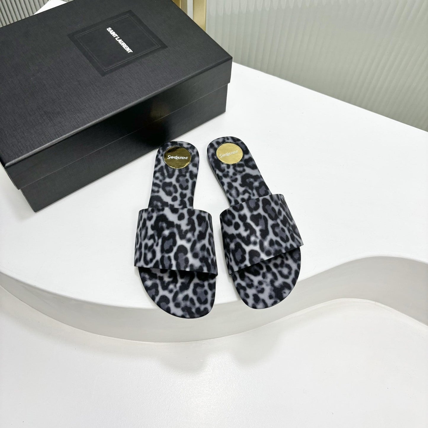 Luxury Saint Laurent CARLYLE SLIDES IN LEOPARD GROSGRAIN BLACK WHITE