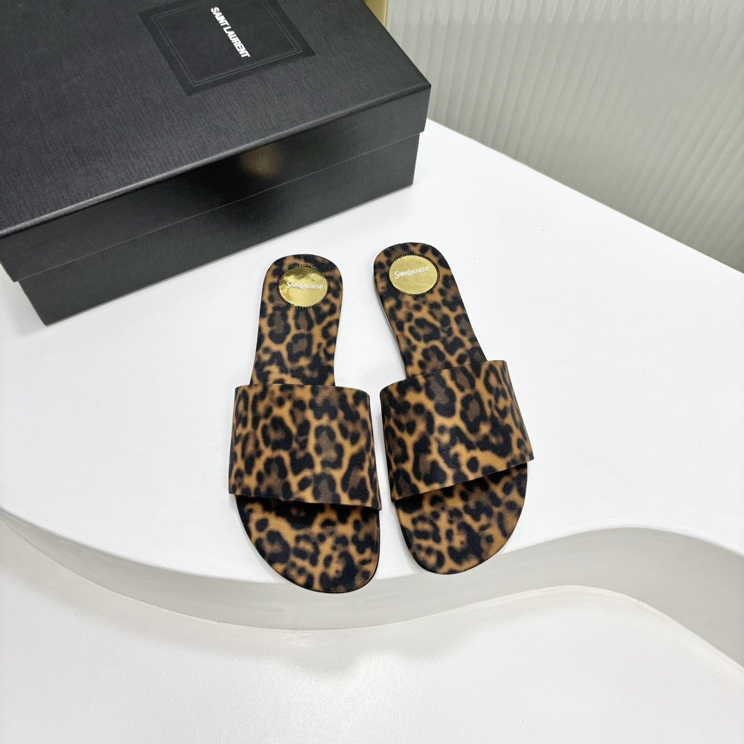 Luxury Saint Laurent CARLYLE SLIDES IN LEOPARD GROSGRAIN BLACK GOLD