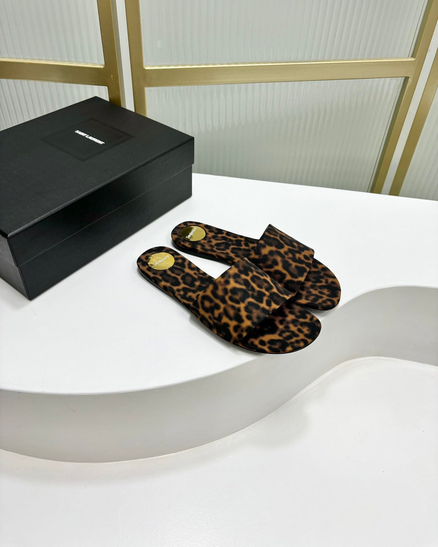 Luxury Saint Laurent CARLYLE SLIDES IN LEOPARD GROSGRAIN BLACK GOLD