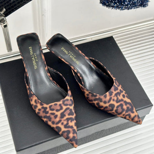Luxury Saint Laurent SL BARBARA MULES 55 LEOPARD MOTIF SATIN